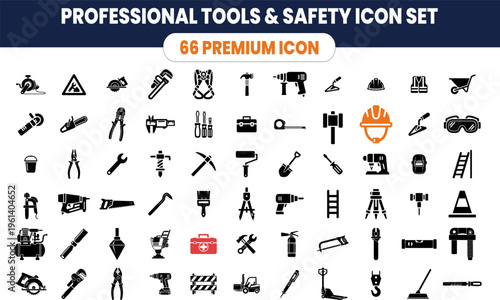 A comprehensive collection of icons representing various professional tools and safety equipment used in construction and industrial settings.