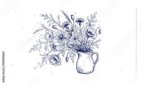 Hand-drawn wildflowers in vase: detailed sketch of rustic floral arrangement