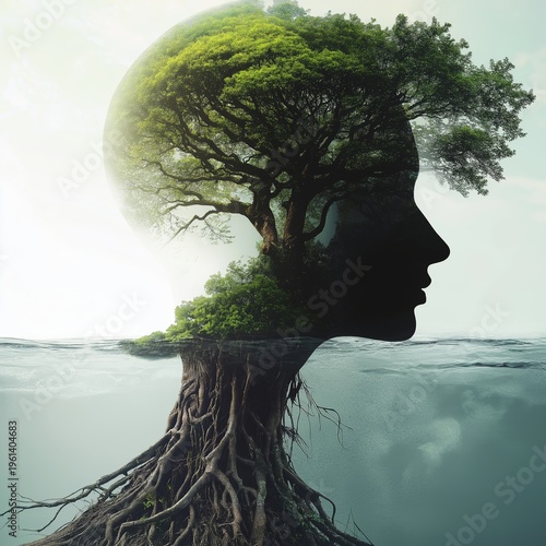 Woman with tree and roots inside her profile silhouette with water level