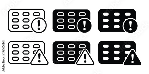 Pills warning icon, toxic capsule or hazardous drug symbol, medical safety alert and caution indicator, simple modern flat design, vector illustration isolated on white.