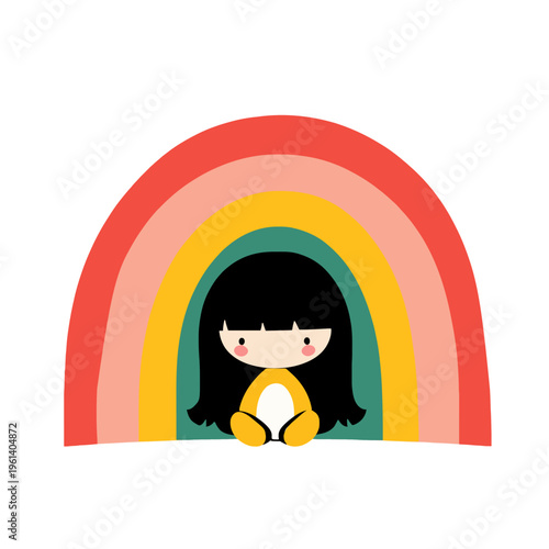 Kokeshi Doll Rainbow Kawaii Art - Sitting, Colorful, Japanese Illustration, Minimalist Design, Girl Character, Cute Cartoon Style Graphic, Whimsical, Isolated, for Children's Design and Decor (200)