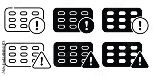 Pills warning icon, dangerous capsule medicine symbol, hazardous drug or toxic medication indicator, safety alert for pharmaceuticals, minimal flat design, vector illustration isolated on white 