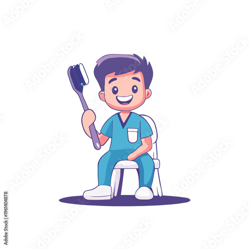 Cartoon Dentist Holding Toothbrush. Smiling Character Dentist Demonstrating Dental Care, Oral Hygiene. Happy, Childlike Design, Pediatric Dentistry Concept, Clean Teeth, Healthy Smile. Generative AI