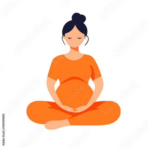 Pregnant Woman Meditation. Lotus Position Orange. + Expecting Mother in Yoga Pose. Prenatal Care for Healthy Pregnancy. Mindful Calm and Serene Maternity. Wellness Lifestyle Flat Design.