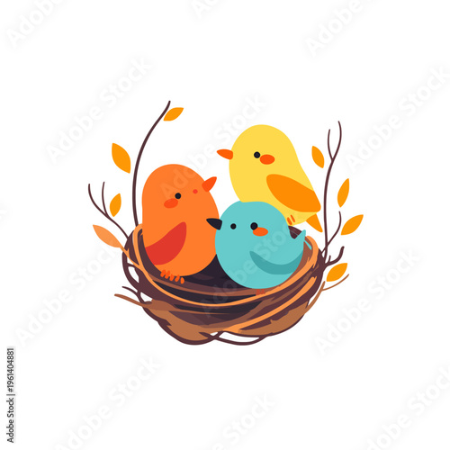 Birds in Nest Illustration: Cute Bird Family in Cartoon Style, Cheerful Springtime Scene. Vector Art for Children's Designs, Easter Decor, and Animated Projects. 2D Graphic Element.