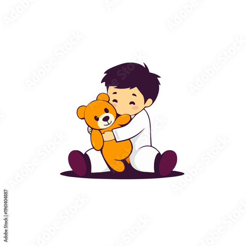 Boy Hugging Teddy Bear, Cartoon Illustration, Happy Kid - Adorable Toddler with Plush Toy, Cute Child Character, Friendship and Love, Joyful Moment, Childhood Memories, Sweet Embrace and Cuddles