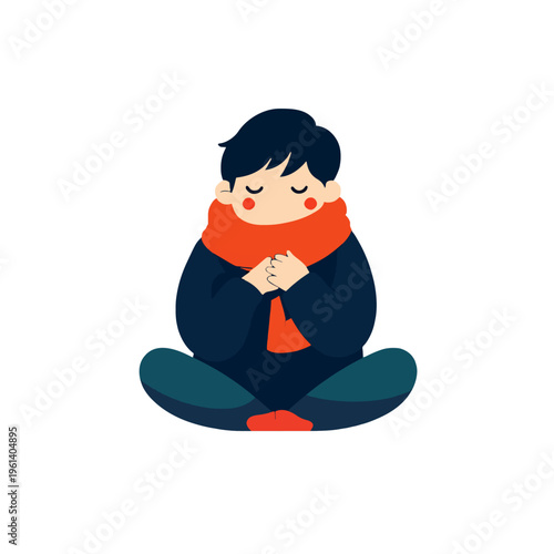 Boy Meditation Scarf Cartoon - Child Meditating, Relaxing in Lotus Position. Cute Kid Character Practicing Mindfulness with Red Scarf. Vector Illustration of Yoga Posture on White Background, Isolated