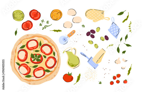 Pizza Margherita with tomato, cheese mozzarella and basil. Pizza ingredients collection. Hand drawn vector illustration set isolated on white.