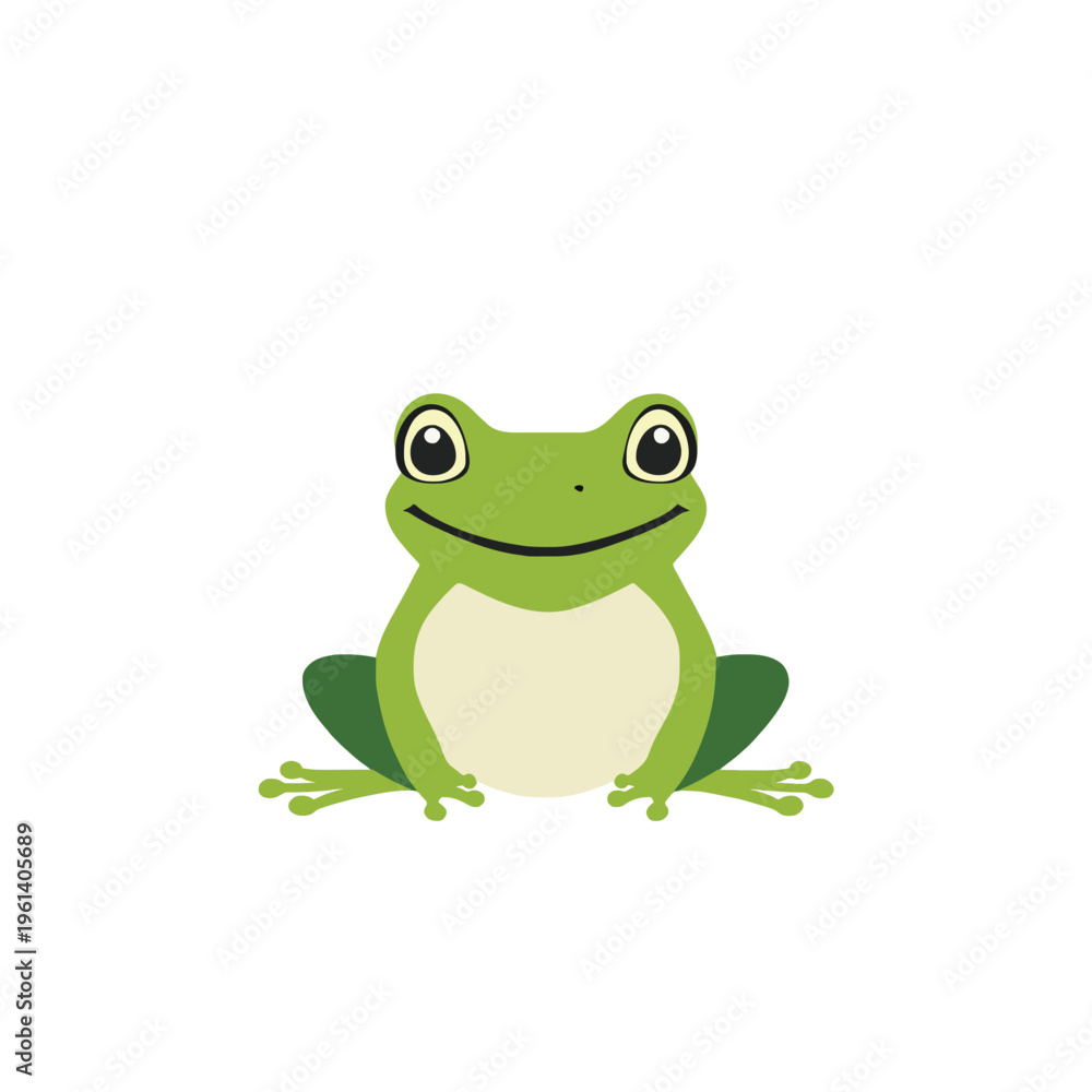 Fototapeta premium Cartoon Frog Smiling Isolated - Green Amphibian Character Illustration - Cheerful Cute Animal Vector Graphic for Children's Content and Educational Purposes on White Background Design