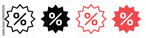 Percentage discount icon set, symbols representing sales, promotions, and special offers, including % signs, price tags, and price reduction indicators, minimal flat design, vector