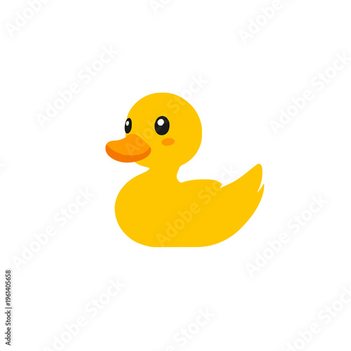Yellow Rubber Duck Cute Bath Toy for Kids. Cartoon style duckling swims on white background. Quacking clean mascot for children. Symbol of bath time joy and cleanliness. 2D Illustration