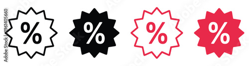 Percentage discount icon set, sale and promotion symbols, percentage labels, discount tags, and marketing offer icons, clean line style, modern vector illustration.