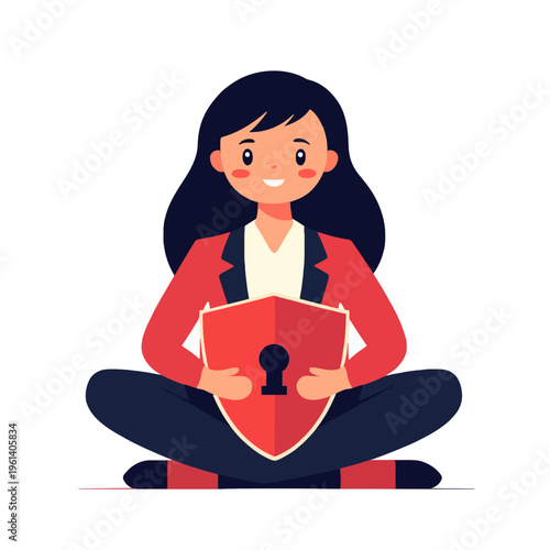 Woman Holding Shield Keyhole - Security, Protection Concept. Female executive embracing safety, data encryption. Cybersecurity symbol, online privacy, antivirus solution. Digital defense, secure data,