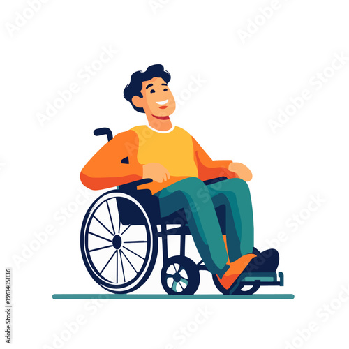 Man Wheelchair Happy, Smiling Person in Wheelchair. Positive Attitude and Wellbeing. Disability Inclusion for All. Accessibility and Hope Illustration. Vector Art Design Style Isolated. 200 char limit