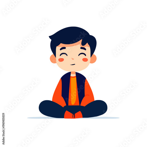 Cartoon Boy Sitting Pose - Happy Cute Child in Meditation, Orange Jacket and Dark Hair Smiling on White Background. Vector Kid Relaxing. Generative AI