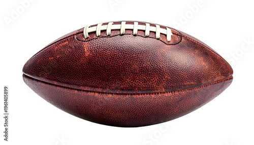 Close-up of a brown, oval-shaped ball with white laces, commonly used in gridiron football