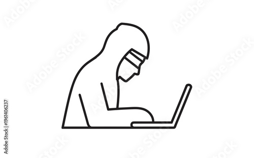 Person working on laptop while wearing headphones in minimalist style  