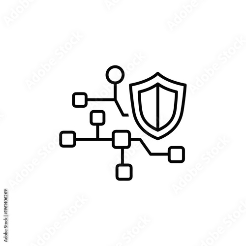 Network security icon with shield and connected nodes in black outline  