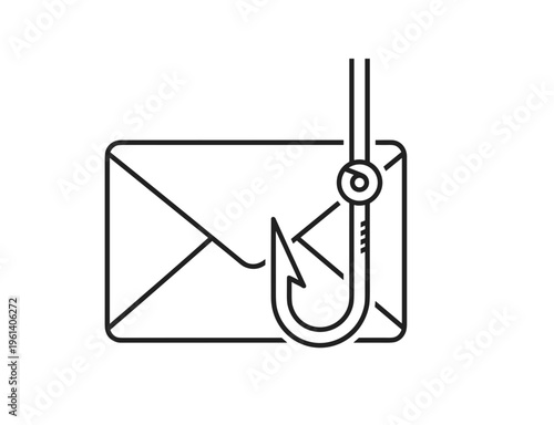 Email phishing scam concept with envelope and fishing hook  