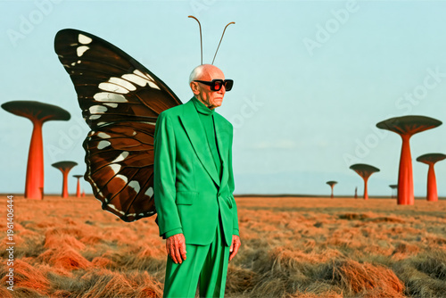 Surreal landscape with stylish elderly man in green suit and butterfly wings in a futuristic scene