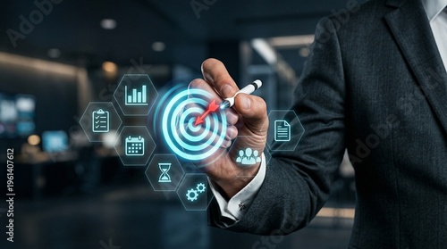 A businessman pointing at a virtual dartboard, with surrounding business icons, symbolizing goals and strategies