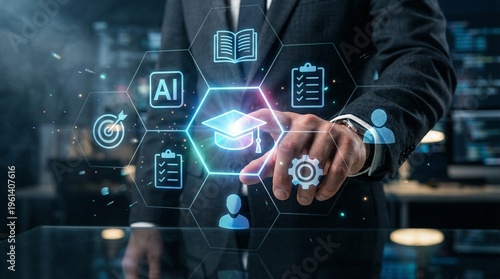 Man in a suit interacts with a digital illustration. The image is an overlay of modern digital concepts, with the focus on education and innovation