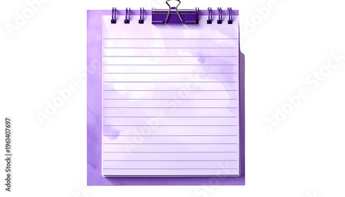 A digital illustration of a lined notepad held by a binder clip, with purple accents