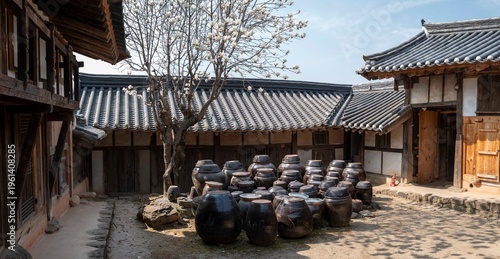구례군 토지면 운조루 고택에 핀 백목련과 장독대