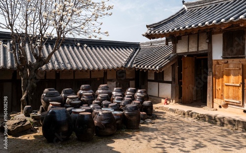 구례군 토지면 운조루 고택에 핀 백목련과 장독대