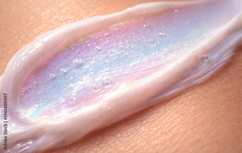 Fototapeta premium Macro Holographic Face Cream Application. Luminescent Skincare for Party Season.