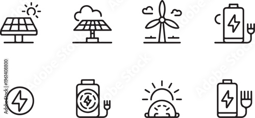 A collection of simple black line art icons representing renewable energy and electric power sources Vector