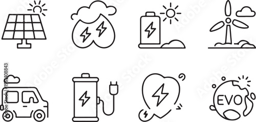 Set of simple line icons representing sustainable energy sources and environmentally friendly tech Vector
