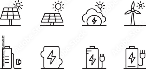 A set of linear icons representing renewable energy sources and battery power storage technology Vector