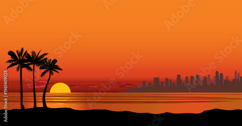 Sunset ocean seascape view with Urban city skyline with skyscraper buildings silhouette. Travel India background