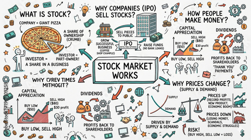 Stock Market Explanation Concept Map with 3D Title Box, Hand-Drawn Business Icons, Financial Graphs, Stick Figures and Connected Arrows on White Background for Education