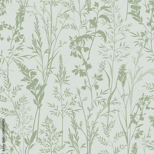 Floral seamless pattern. Branch with leaves, grass, flowers gentle meadow texture. Flourish nature summer garden textured background