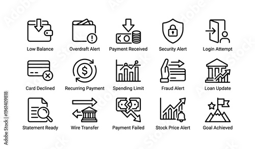 Financial icons set featuring alerts, transactions, and security in black outline style