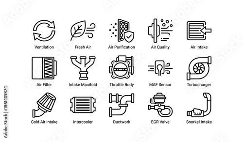 Automotive air system components with icons for ventilation and purification