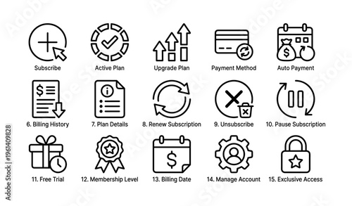 Simple subscription icons set for billing and account management