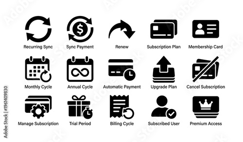 Subscription management icons: recurring billing, sync, upgrade, membership, payment