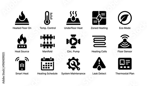 Icons for heating systems: heated floors, zoned control, eco mode, maintenance, and scheduling