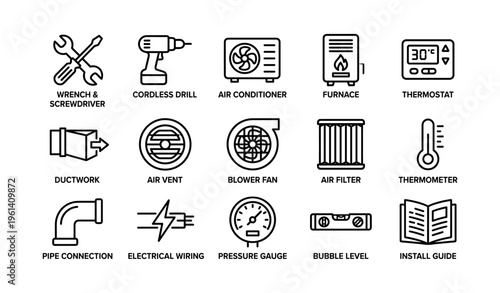 Home appliances and tools: drill, air conditioner, furnace, thermostat, wiring, gauge, guide