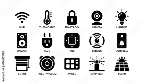 Smart home devices icons set featuring various automation elements