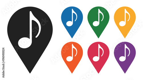 Music note location pins in various colors, music-themed geolocation markers, destination pins for concerts, festivals, or audio hotspots, modern flat design, vector illustration isolated on white.
