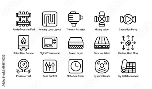 Home heating system icons: actuator valve pump thermostat insulation sensor
