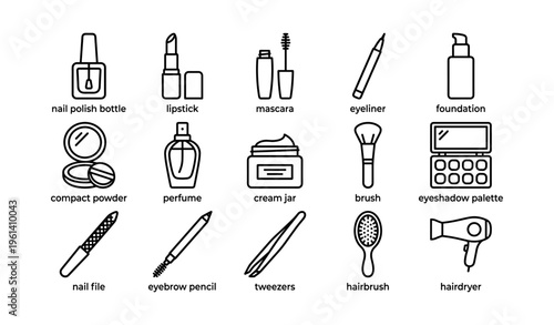 Outline icons of makeup and beauty essentials including nail polish and lipstick