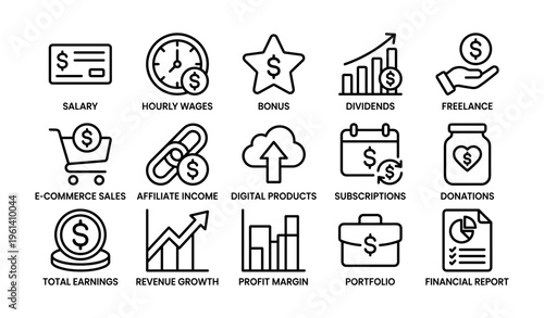 Financial income streams icons set: salary, dividends, freelance, e-commerce, donations