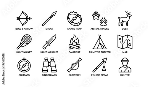 Survival tools: bow, spear, trap, tracks, deer, net, knife, campfire, shelter, map, compass, binoculars, blowgun, fishing spear, hunter