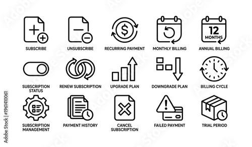 Subscription management icons featuring payment and billing symbols