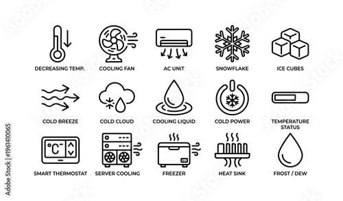 Cooling icons: temperature, fan, ac, snowflake, ice cubes, breeze, cloud, liquid, power, thermostat, server, freezer, heat sink, frost